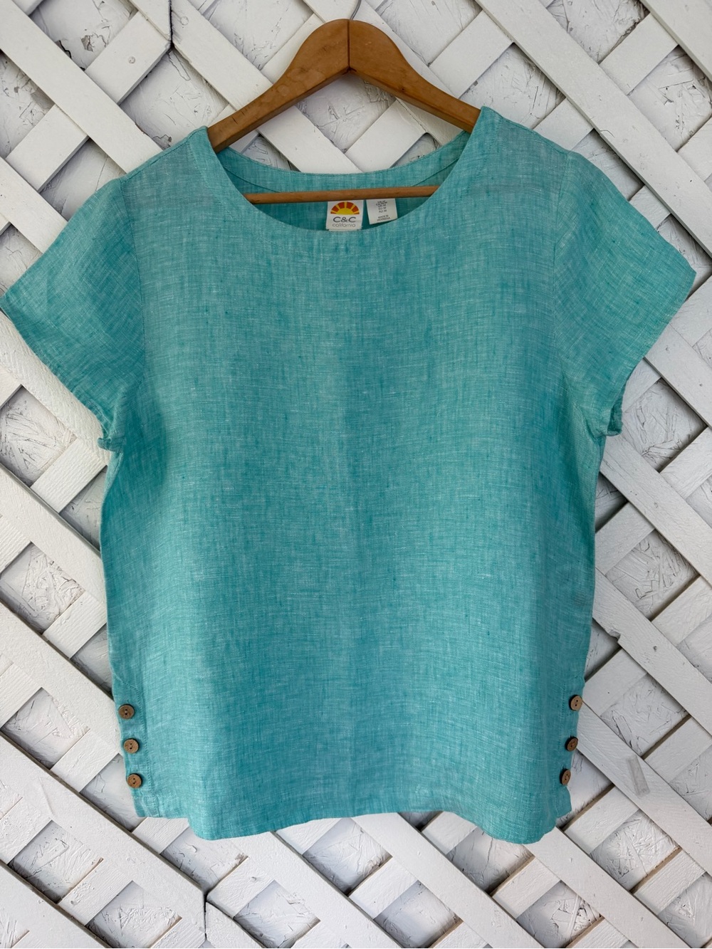 C&C California 100% Linen Short Sleeve Top Button Detail Medium